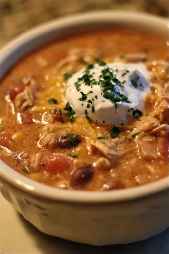Bowl of creamy chicken chili made in a crock pot with cheese and spices