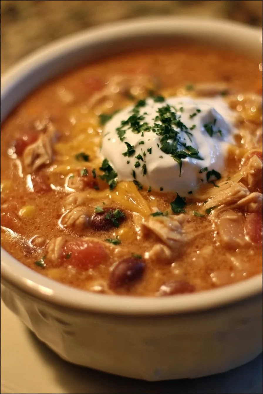 Crock Pot Cream Cheese Chicken Chili 2 Bowl of creamy chicken chili made in a crock pot with cheese and spices