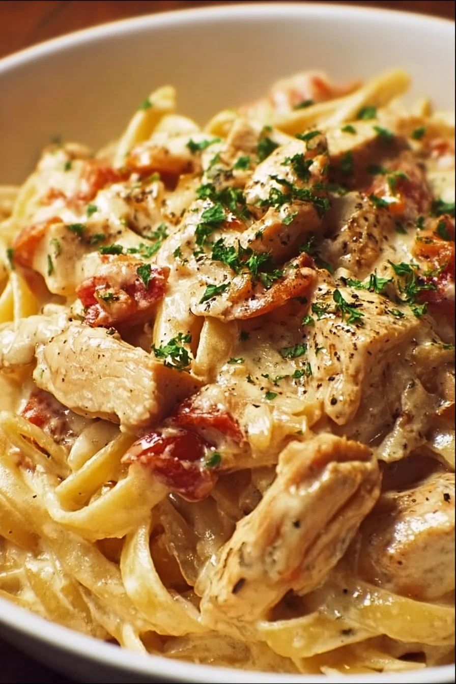 Crock Pot Creamy Cajun Chicken Pasta served in a bowl with herbs and spices.