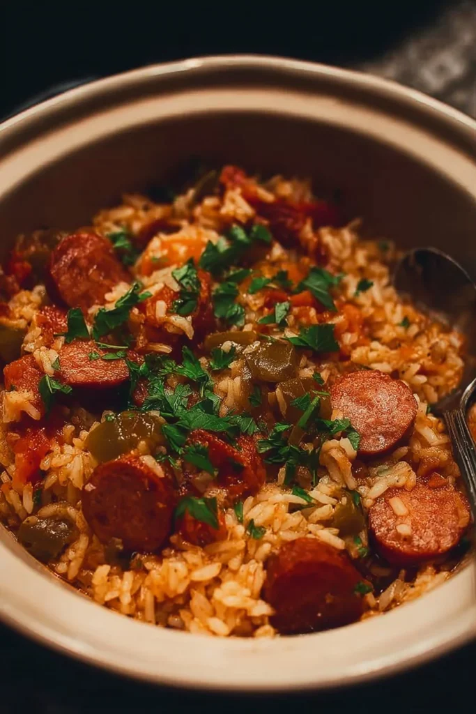 Delicious Crock Pot Jambalaya with rice, sausage, and spices cooked to perfection.