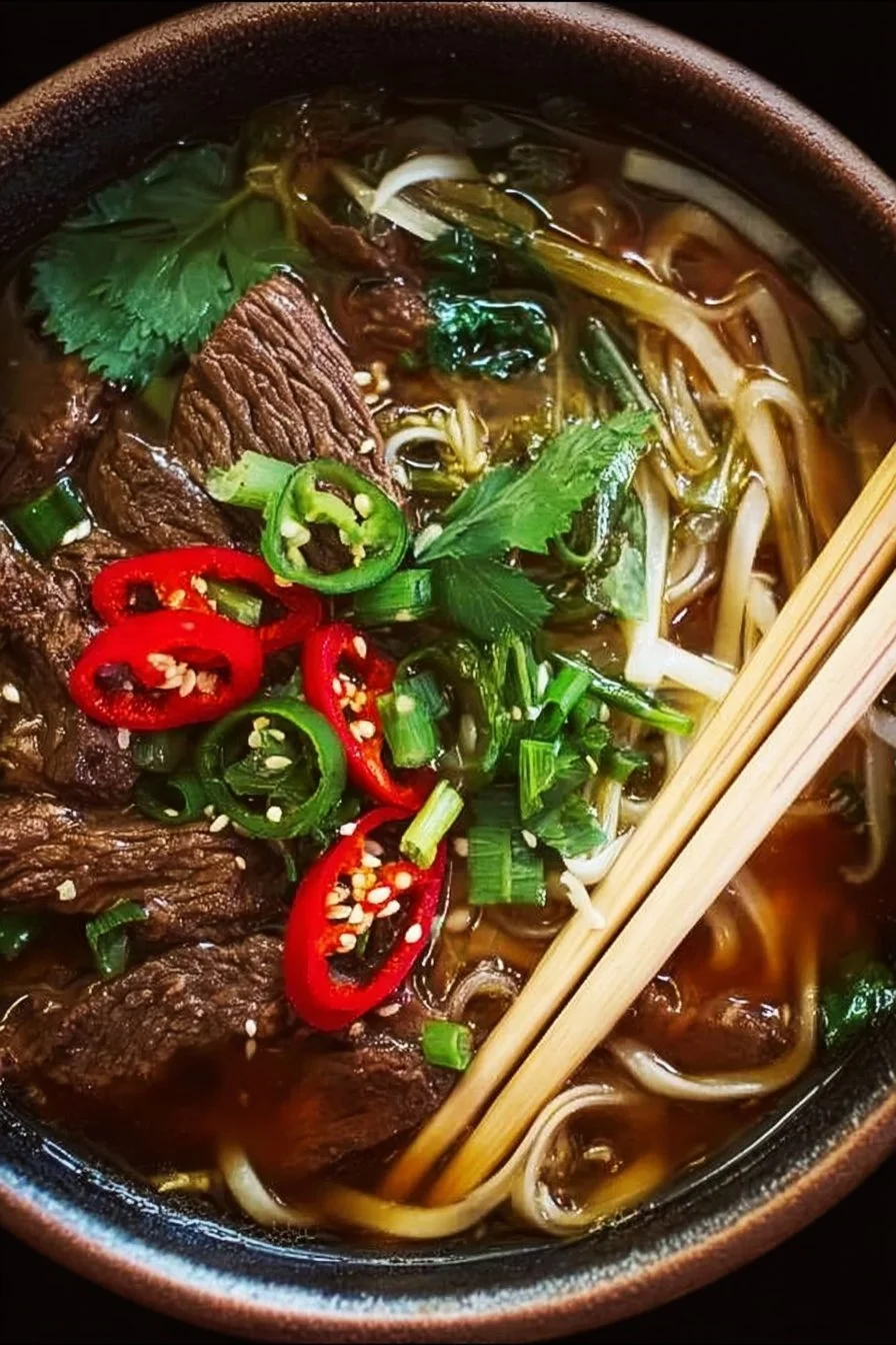 A comforting bowl of Crockpot Asian Beef Noodle Soup with vegetables and herbs.