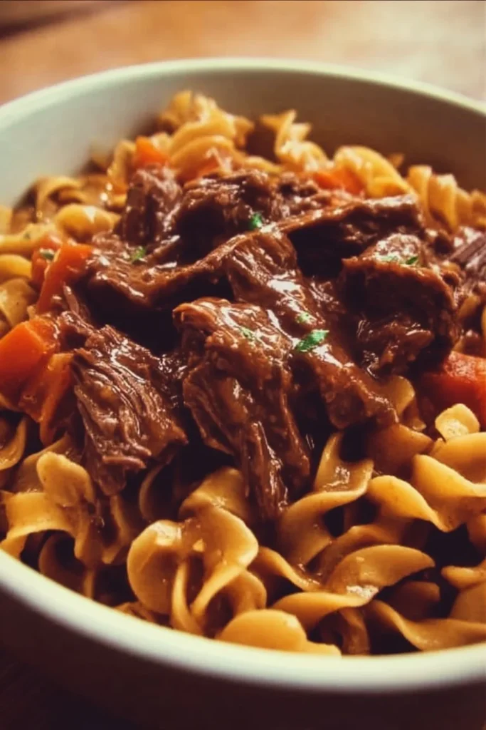 Delicious crockpot beef and noodles dish served in a bowl