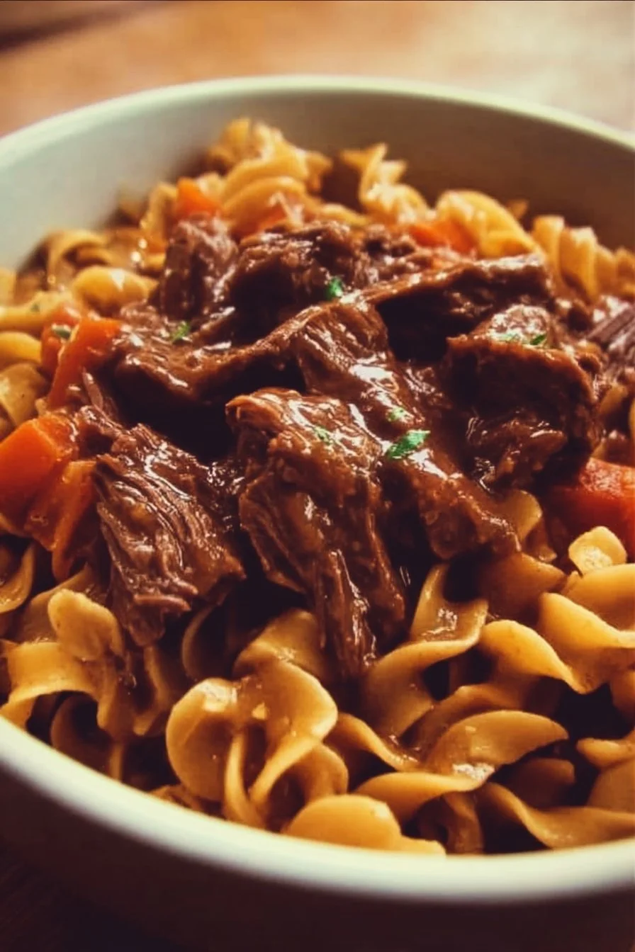 Delicious crockpot beef and noodles dish served in a bowl
