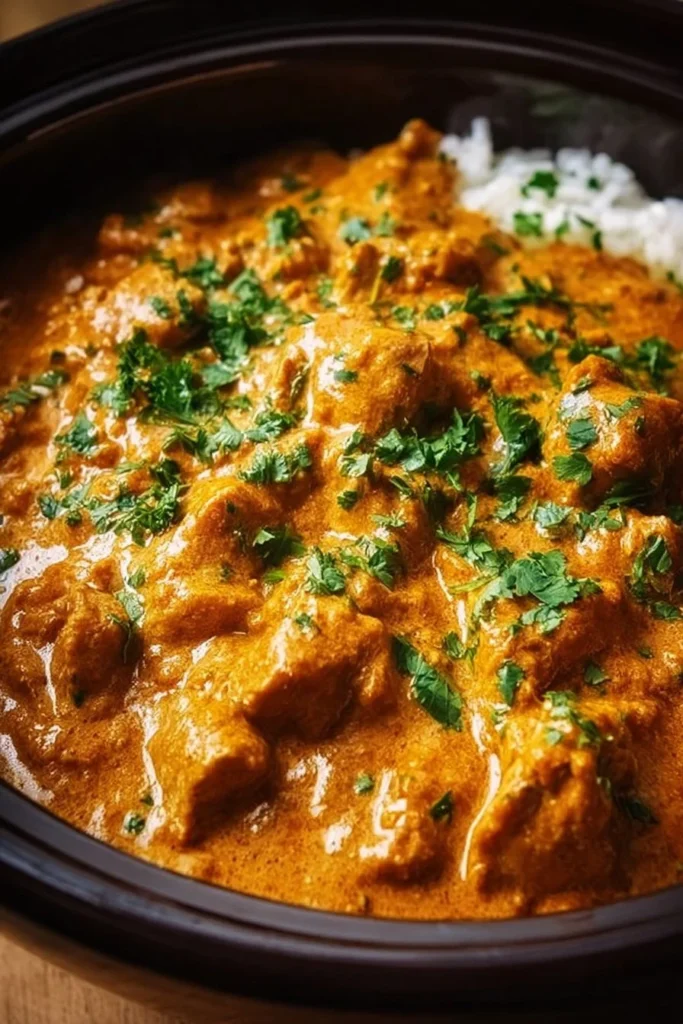 Delicious Crockpot Butter Chicken served with rice and naan