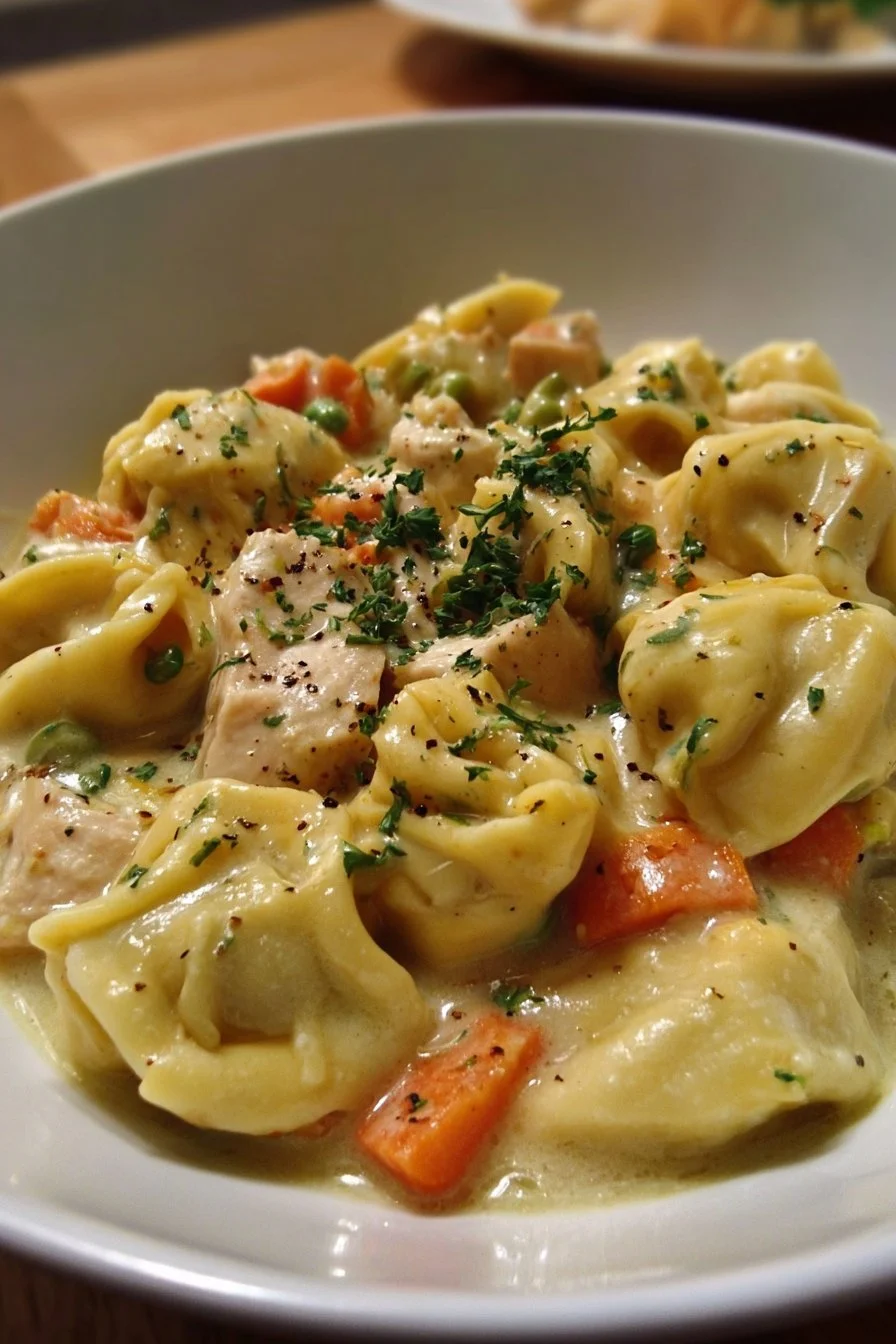 Crockpot Cheddar Chicken Pot Pie Tortellini 2 Crockpot Cheddar Chicken Pot Pie Tortellini served in a bowl