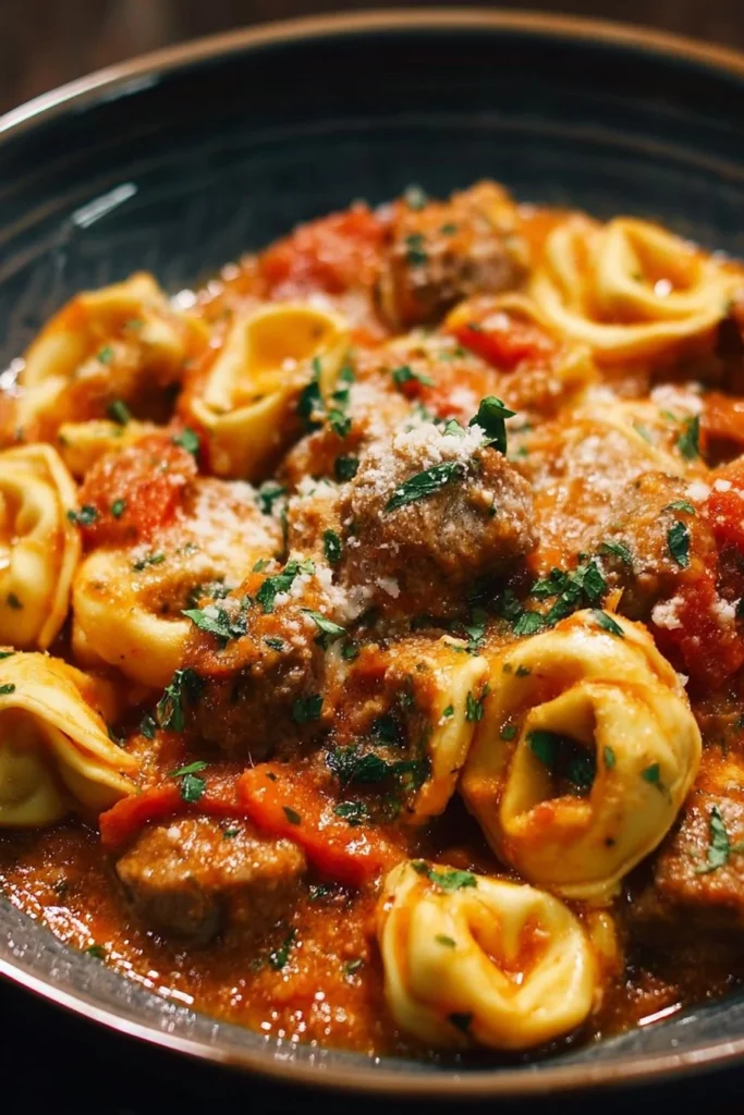 Crockpot cheese tortellini and sausage dish garnished and ready to serve