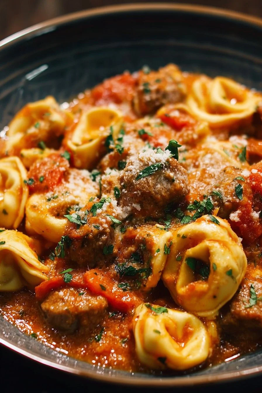 Crockpot cheese tortellini and sausage dish garnished and ready to serve