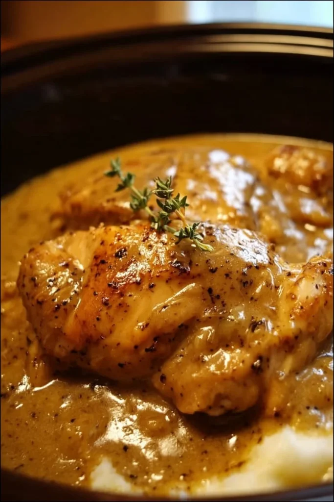 Delicious Crockpot Chicken and Gravy served on a plate