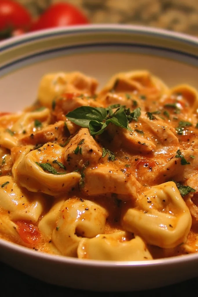CrockPot Chicken Tortellini in a bowl with fresh herbs