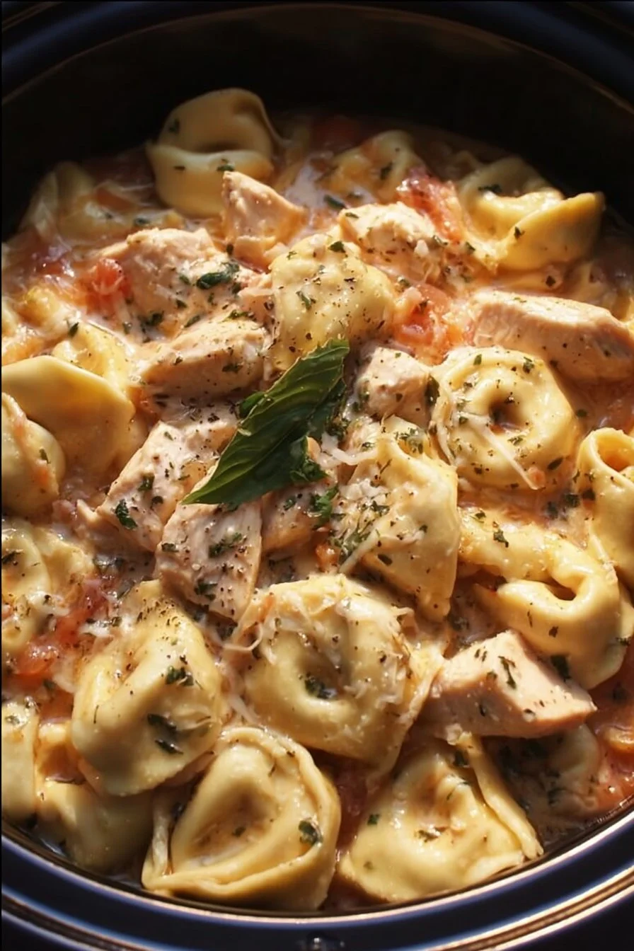 CrockPot Chicken Tortellini 2 Delicious CrockPot Chicken Tortellini with fresh ingredients in a cozy bowl