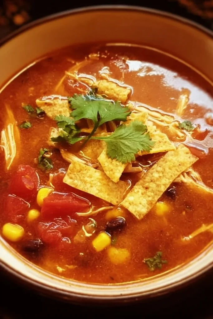 Crockpot chicken tortilla soup garnished with tortilla strips and cilantro.