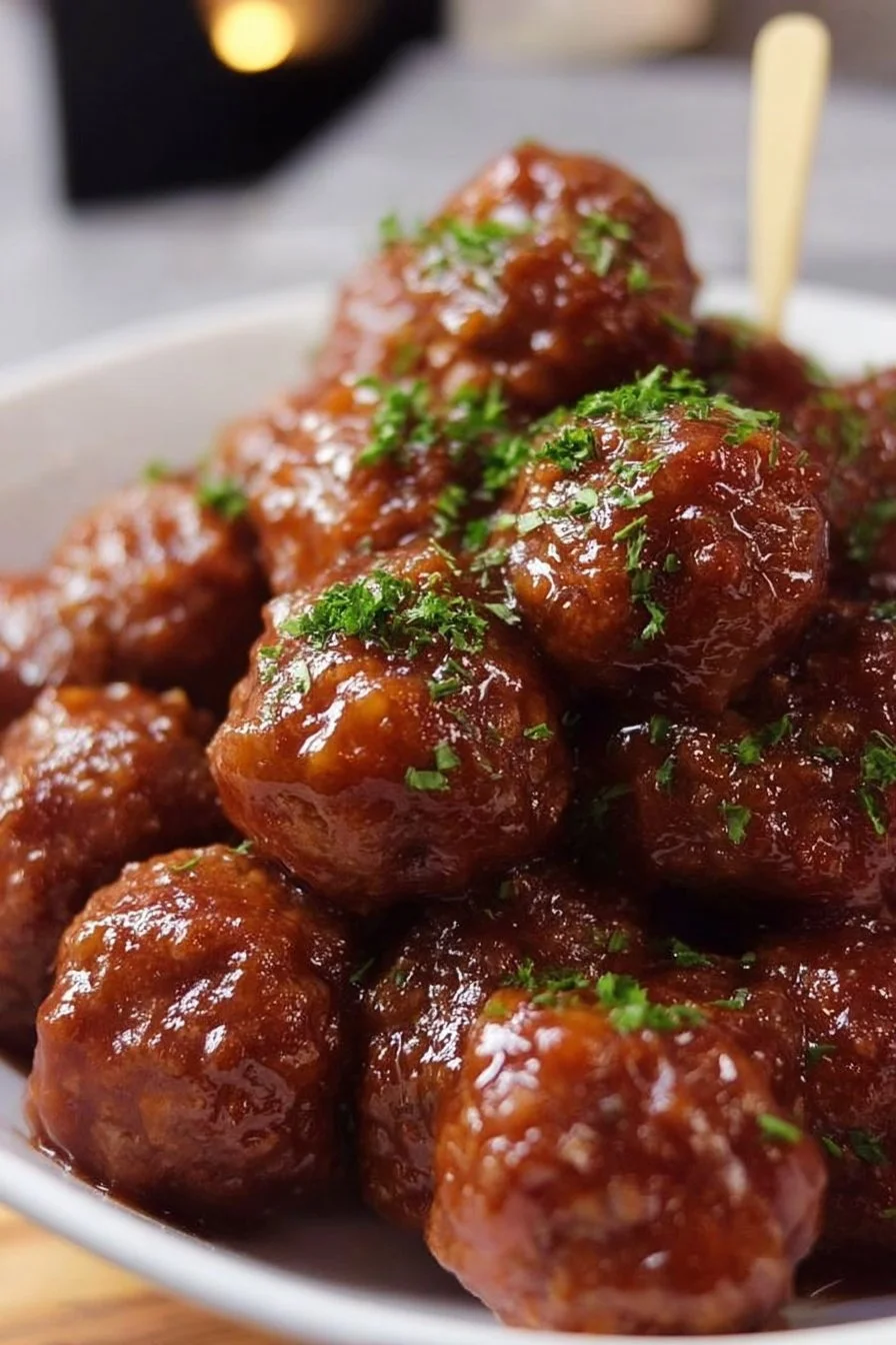 Crockpot Cocktail Meatballs 2 Crockpot cocktail meatballs served in a bowl with sauce.