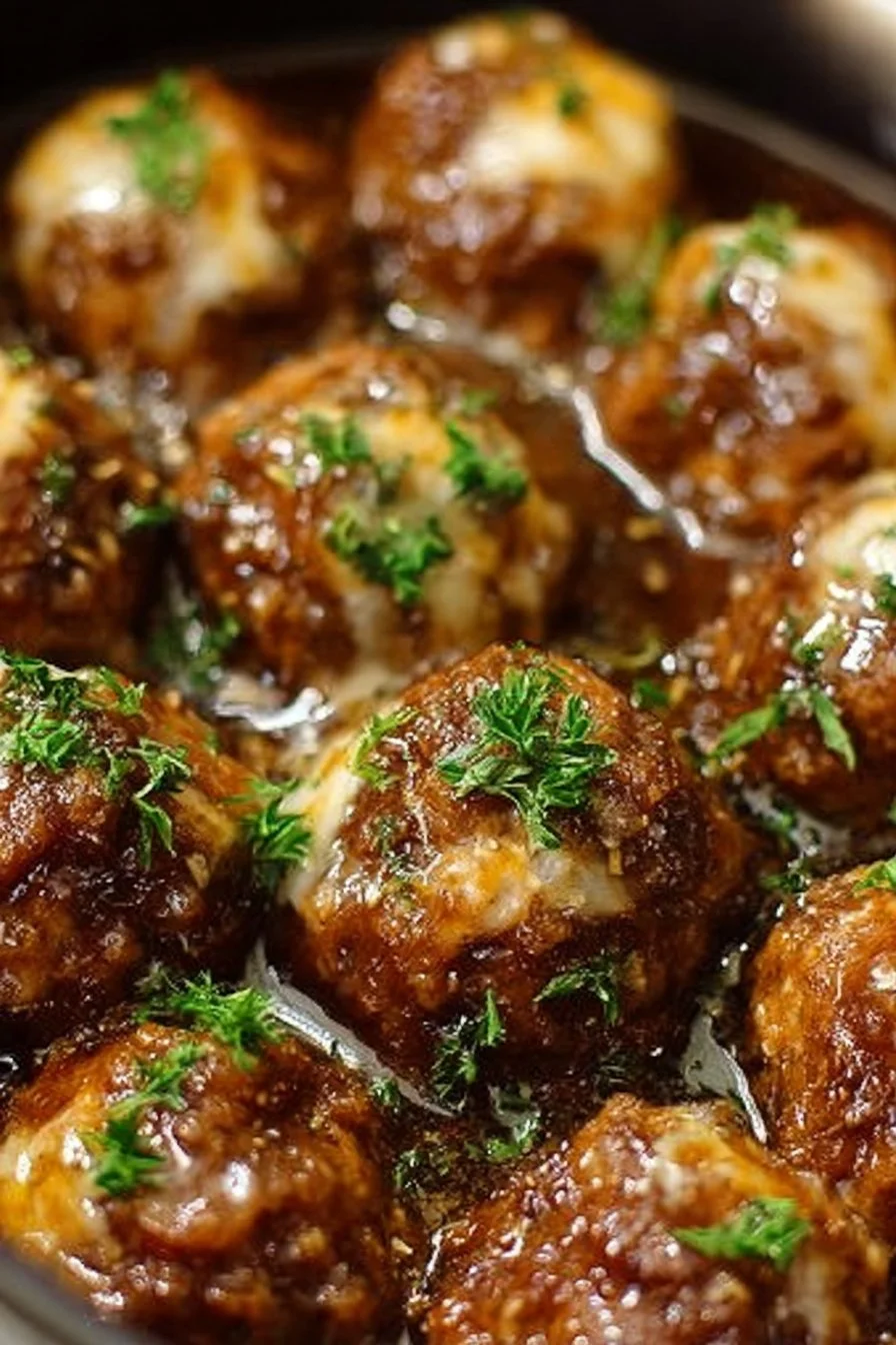 Crockpot French Onion Meatballs 2 Crockpot French Onion Meatballs in a savory sauce
