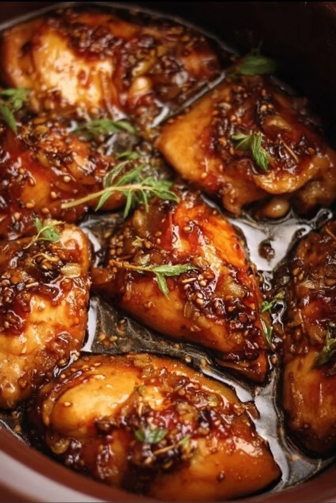 Crockpot Honey Garlic Chicken served with rice and vegetables