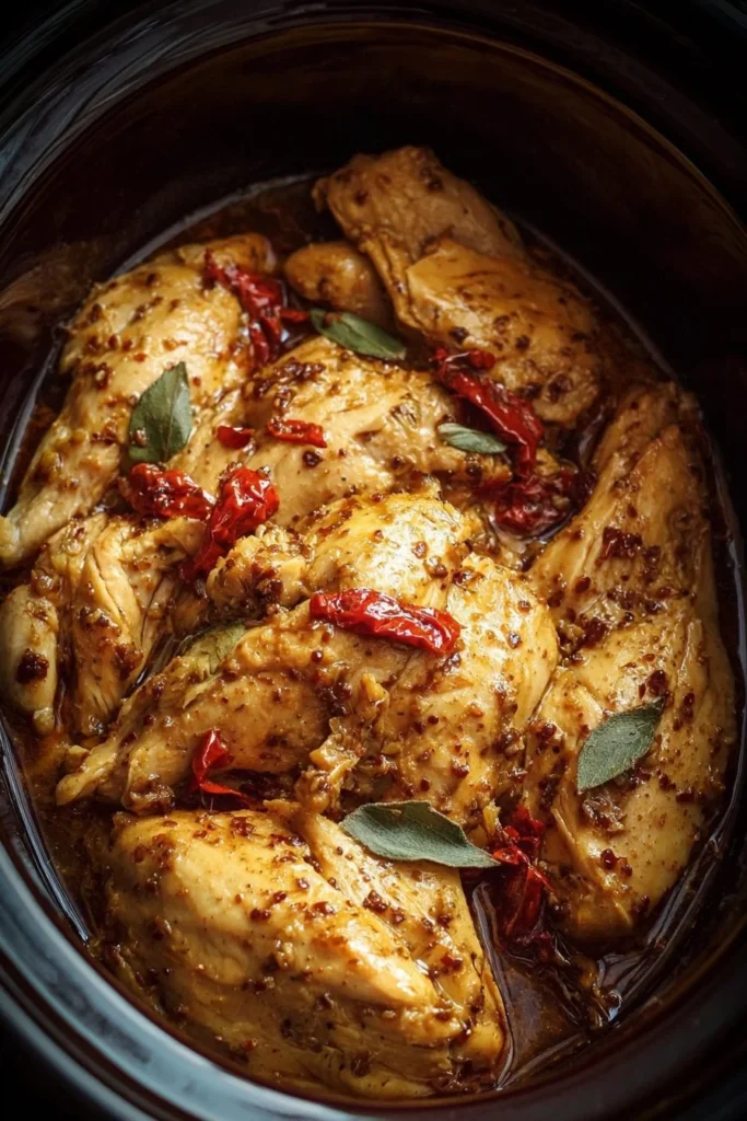 Crockpot Marry Me Chicken served on a plate with herbs and garnish