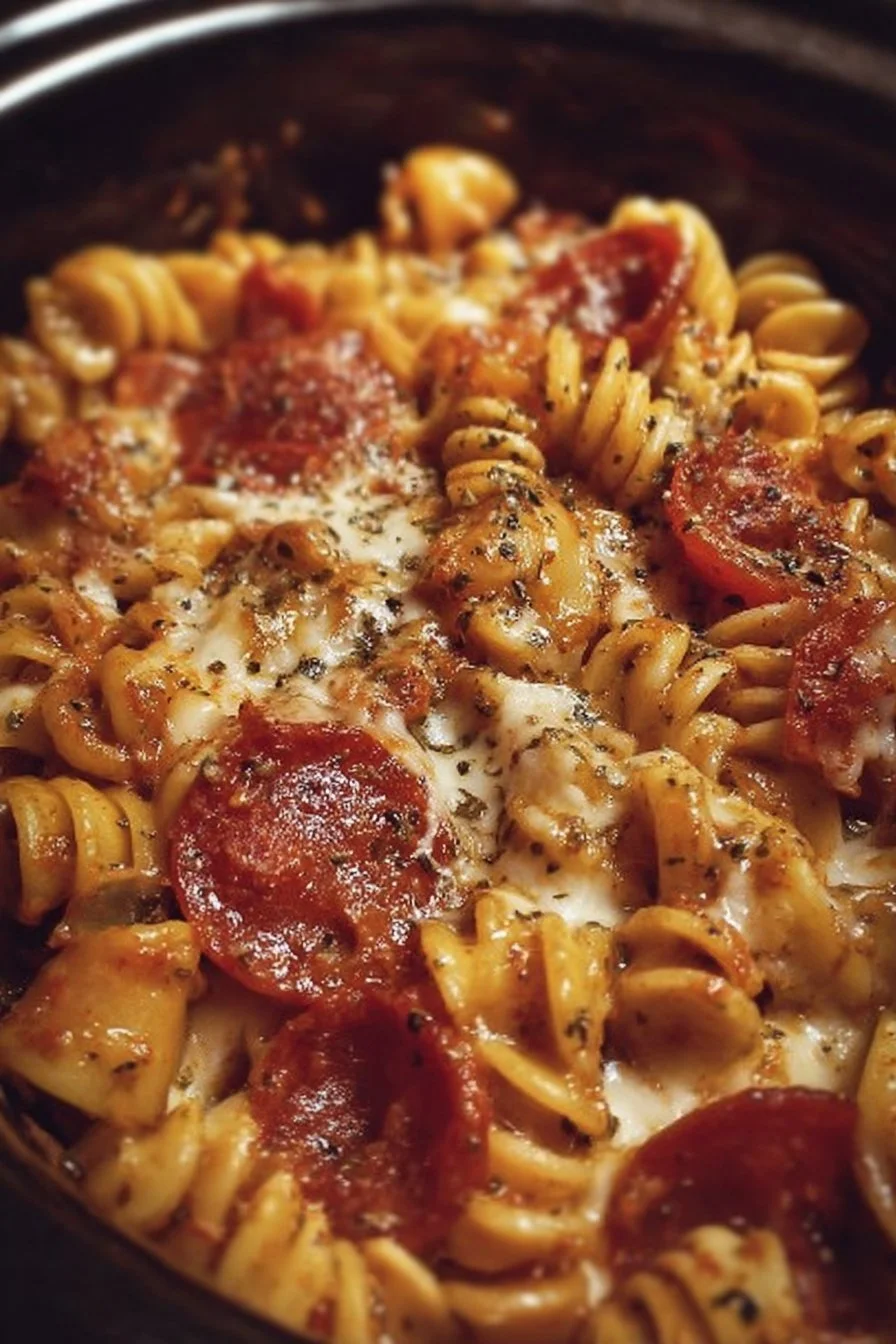 Crockpot Pizza Pasta 2 Crockpot Pizza Pasta dish with melted cheese and colorful toppings
