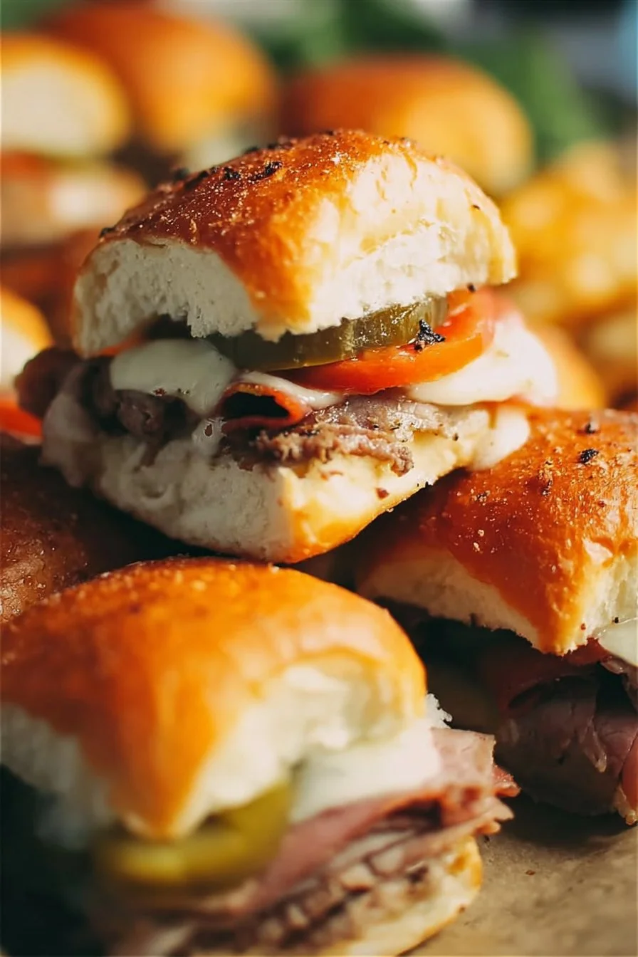 Cuban Sliders 2 Plate of tasty Cuban Sliders with pickles and yellow mustard garnishing.