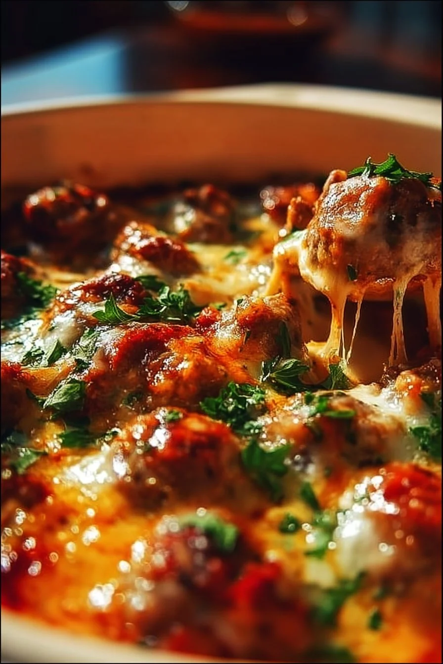 Delicious dump-and-bake meatball casserole with pasta and cheese