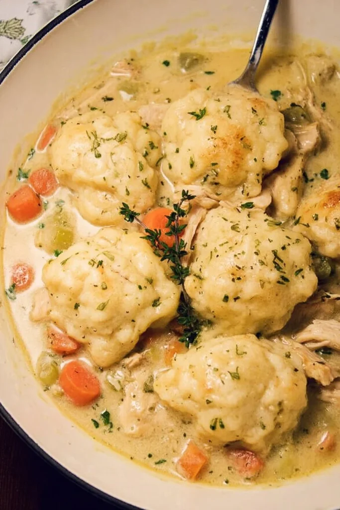 Delicious Dutch Oven Chicken and Dumplings served in a cozy bowl.