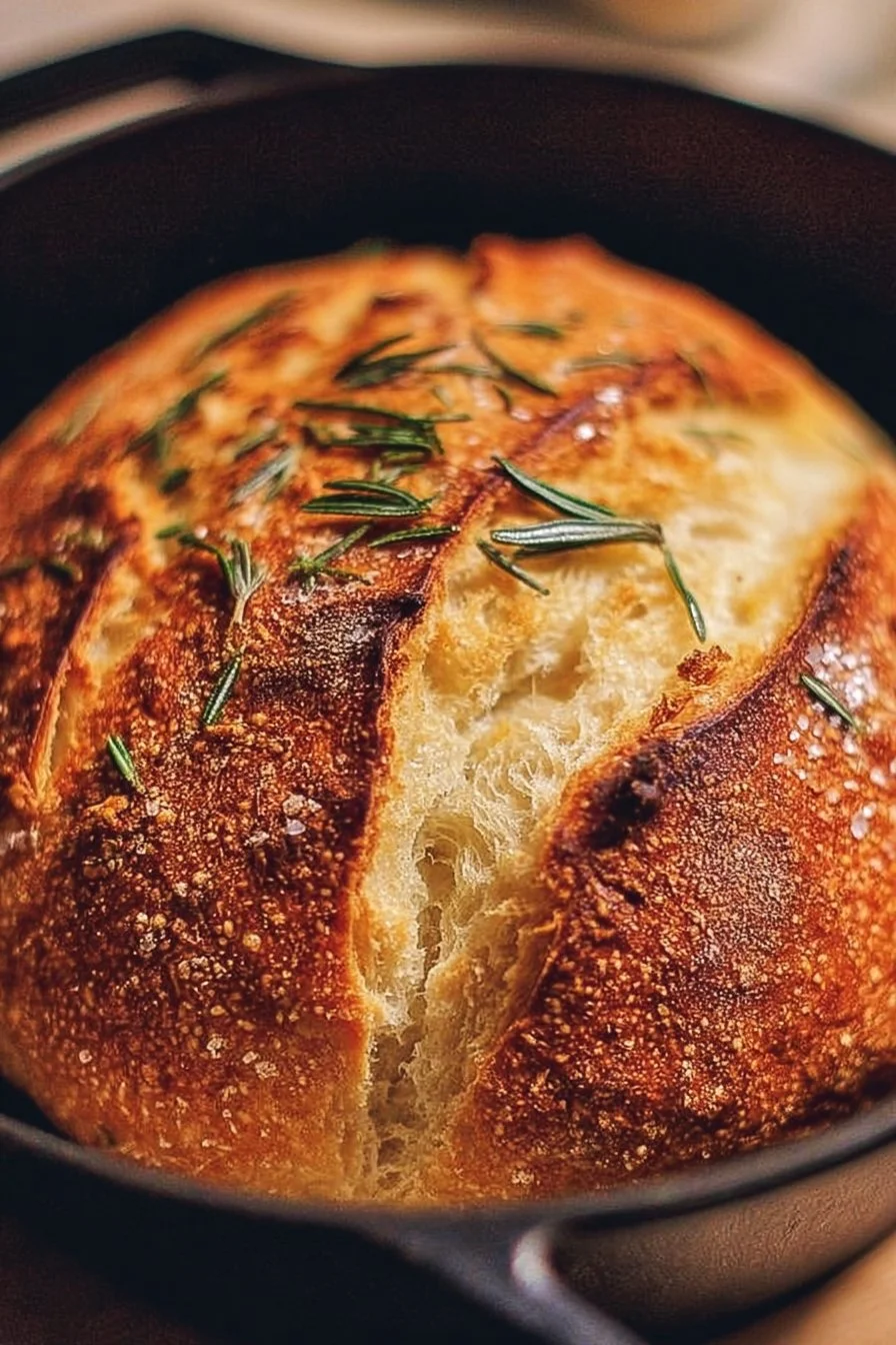 Dutch Oven Garlic Rosemary Bread 2 Freshly baked Dutch Oven Garlic Rosemary Bread with herbs on a wooden table