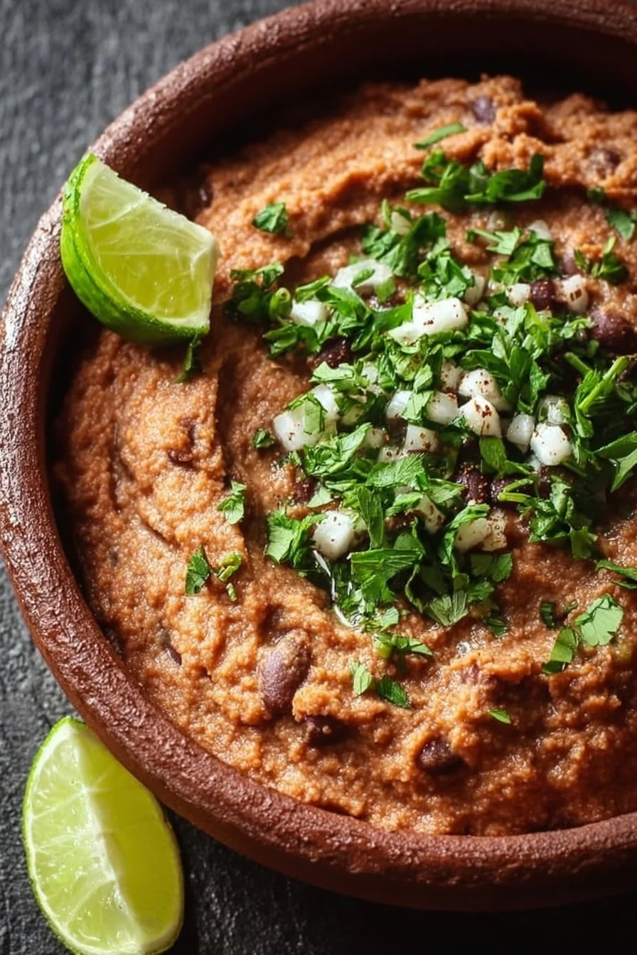 Bowl of easy authentic refried beans ready to be served.