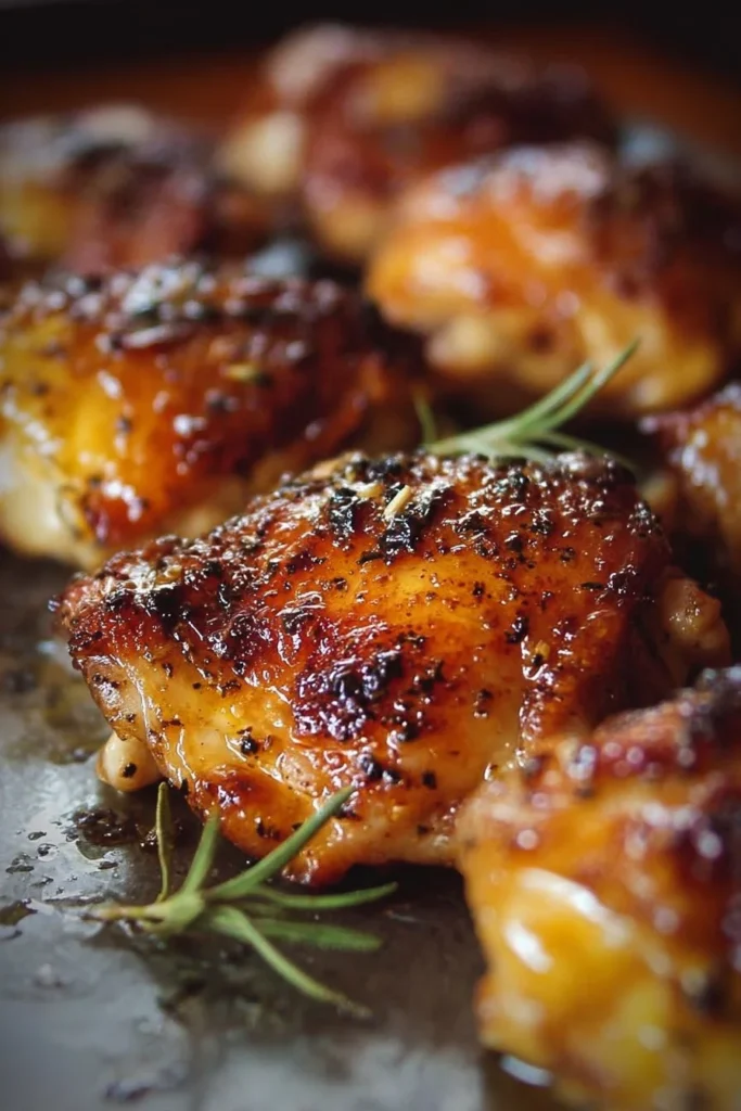 Juicy and crispy easy baked chicken thighs garnished with herbs