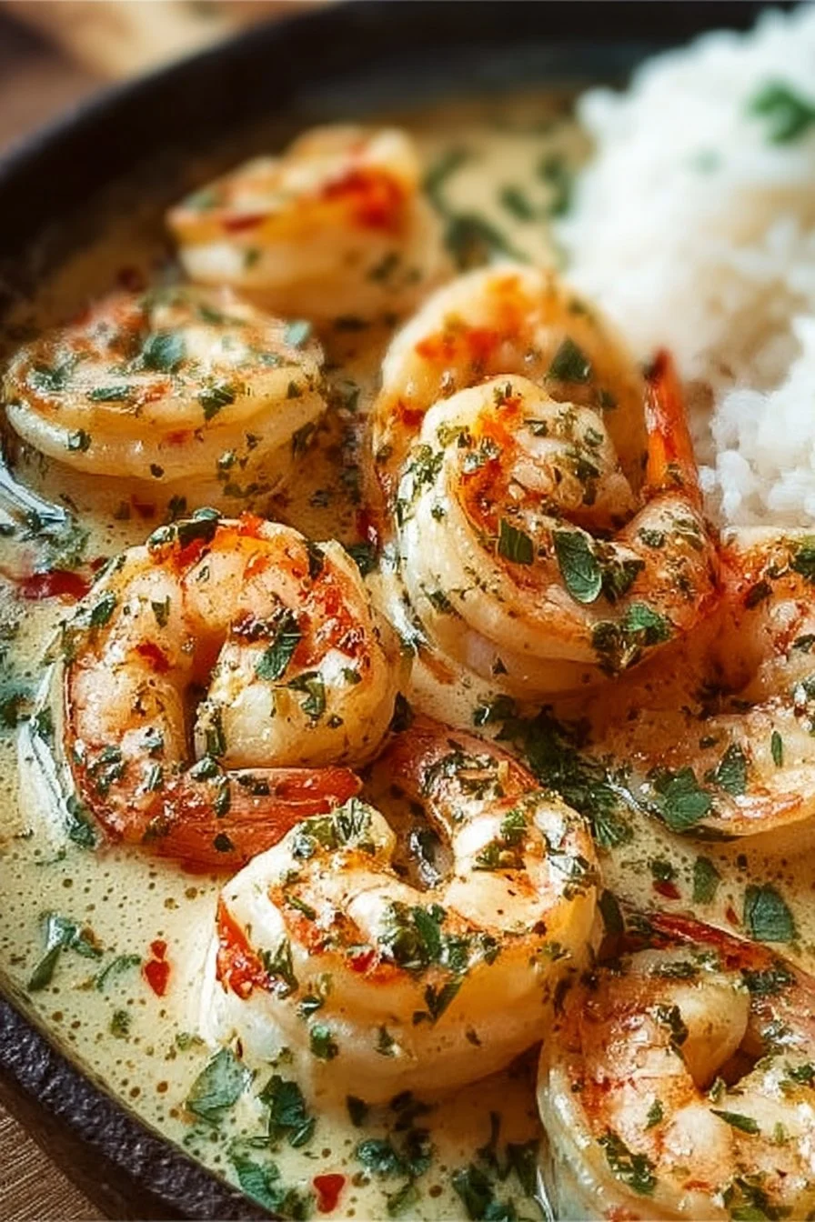 Delicious easy creamy garlic shrimp served on a plate with herbs