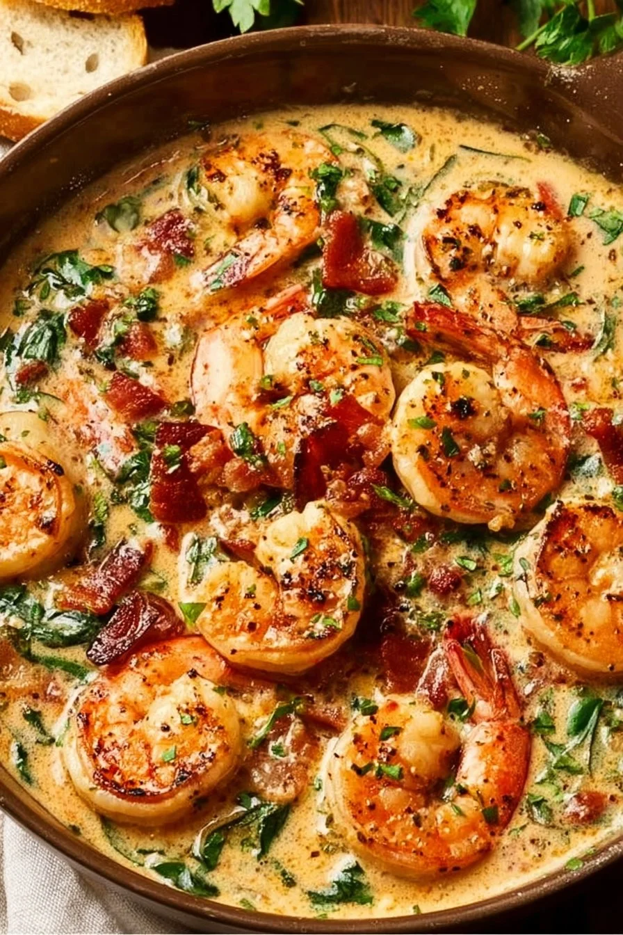 Easy Creamy Tuscan Shrimp 2 Delicious creamy Tuscan shrimp served with herbs and pasta.