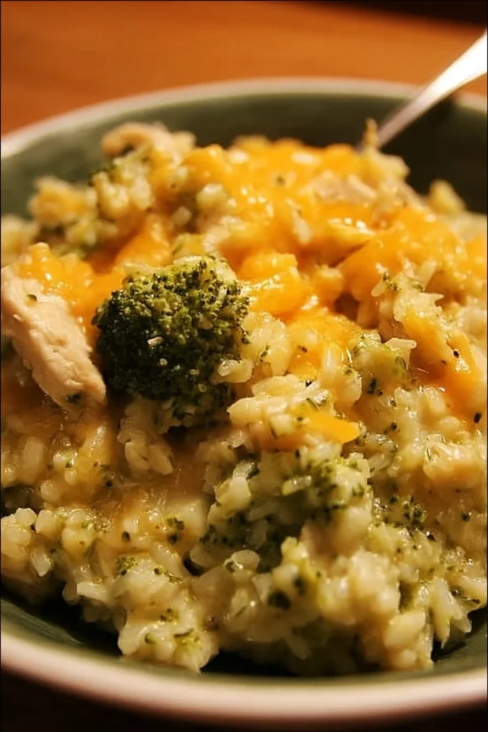 Easy Crockpot Cheesy Chicken Broccoli Rice recipe with creamy sauce and broccoli.