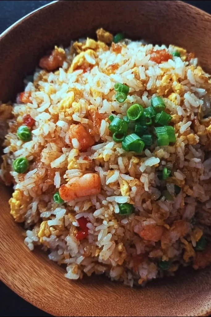 Plate of easy fried rice cooked with vegetables and eggs