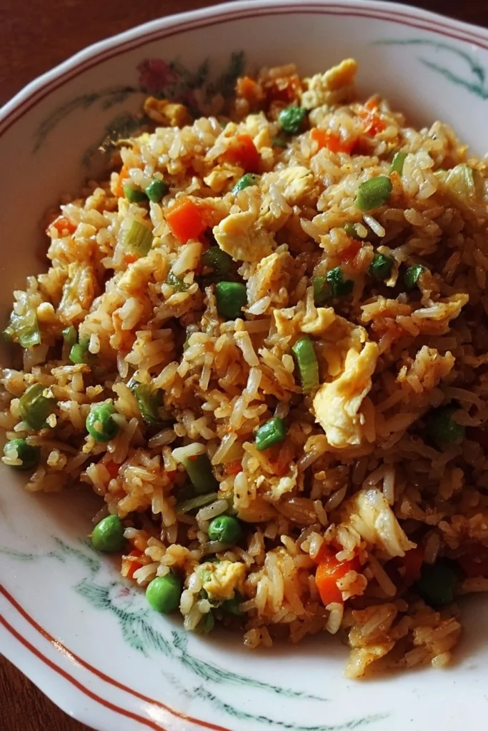 Bowl of easy homemade gluten free fried rice with vegetables and protein