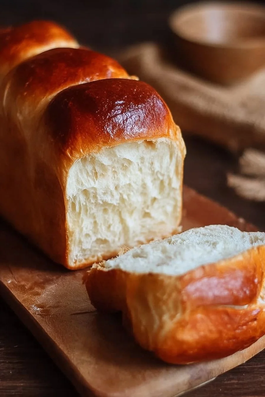 Easy milk bread loaf fresh out of the oven, soft and fluffy texture.