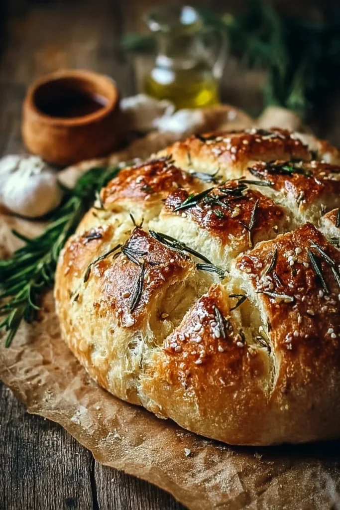 Loaf of easy roasted garlic rosemary artisan bread fresh out of the oven