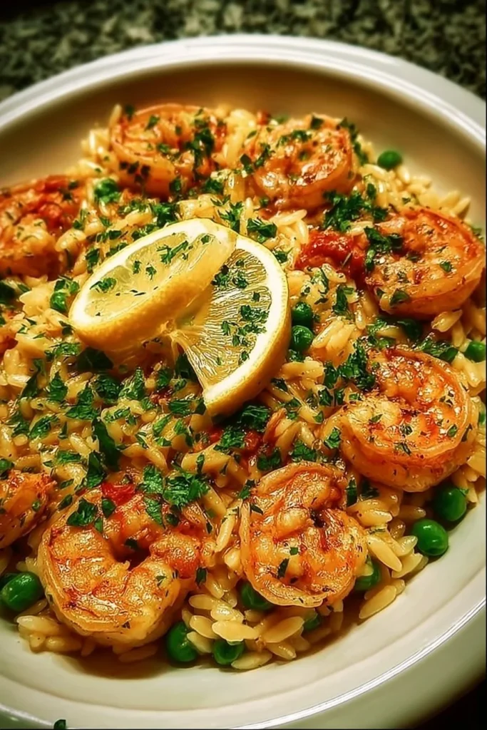 Plate of easy shrimp orzo in lemon garlic sauce garnished with herbs