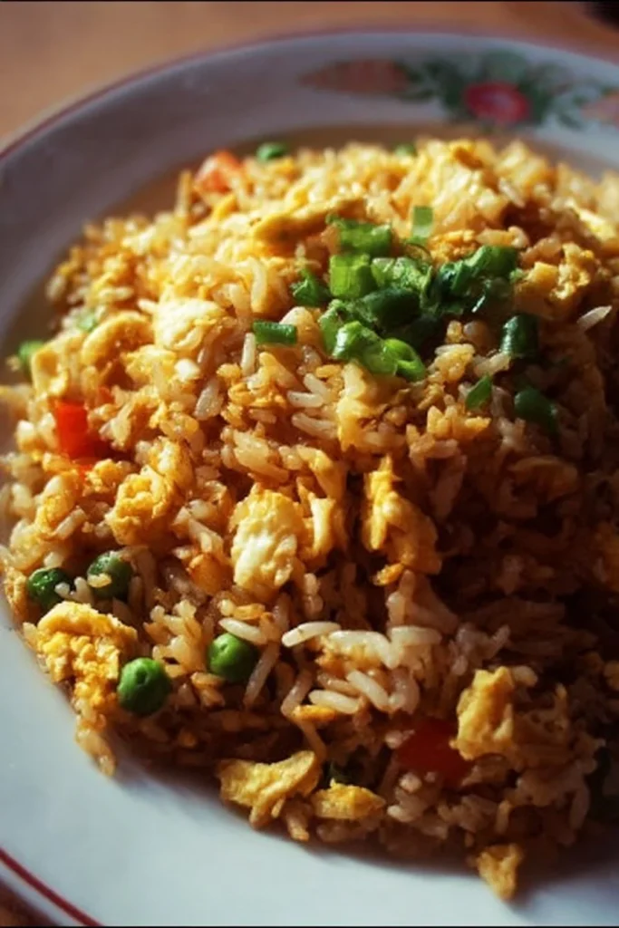 Delicious plate of homemade Egg Fried Rice with vegetables and eggs
