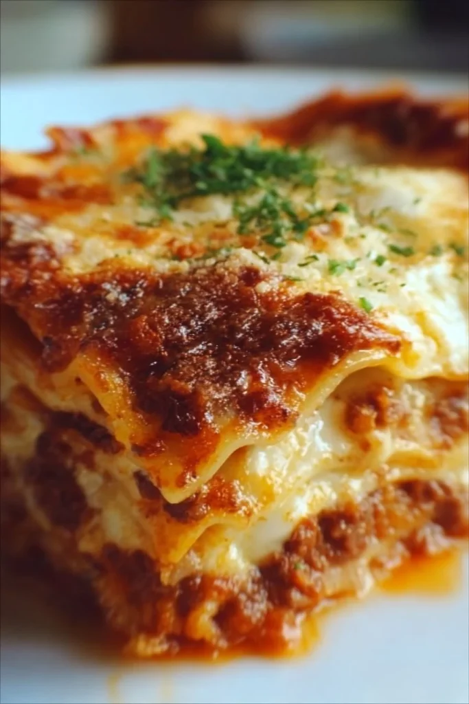 A delicious serving of famous lasagna with layers of cheese and sauce.