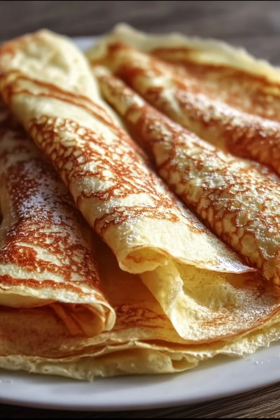 A stack of delicious French crepes topped with fresh strawberries and whipped cream.
