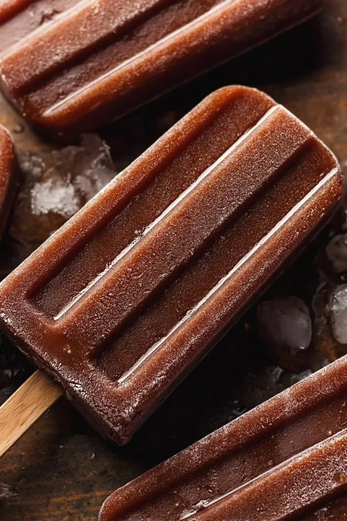 Homemade fudge popsicles served on a wooden table, drizzled with chocolate sauce
