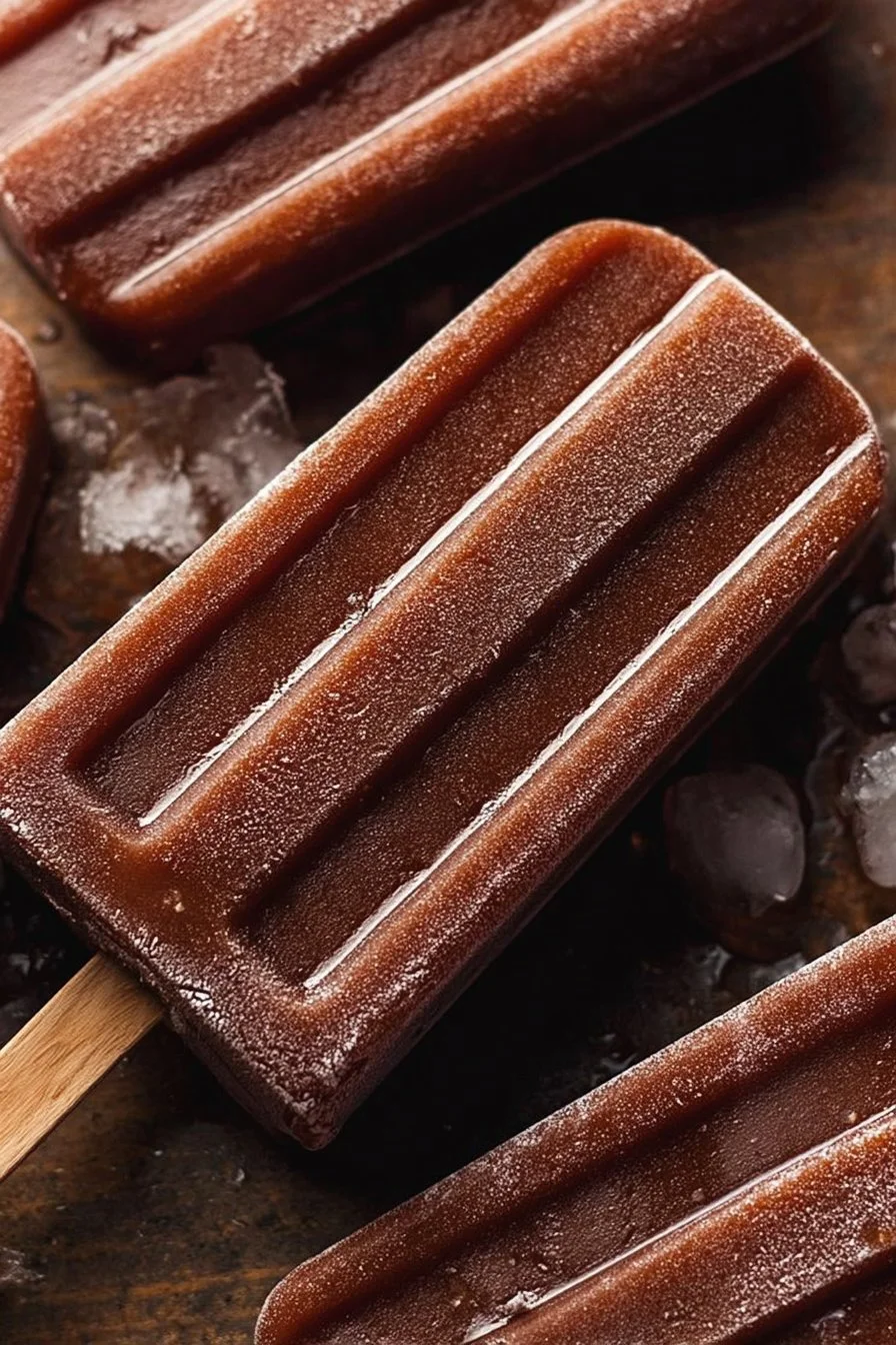 Homemade fudge popsicles served on a wooden table, drizzled with chocolate sauce