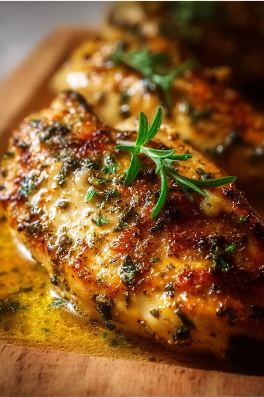 Garlic butter baked chicken breast served on a plate with herbs