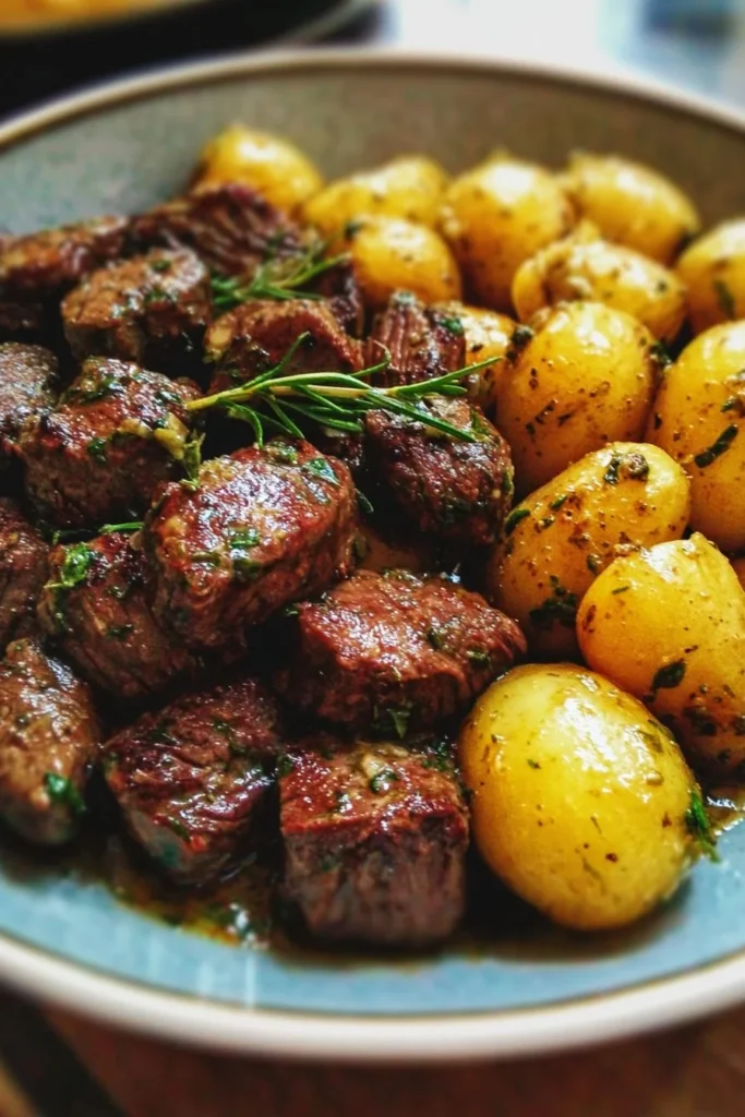 Garlic Butter Beef Bites served with Baby Potatoes on a plate