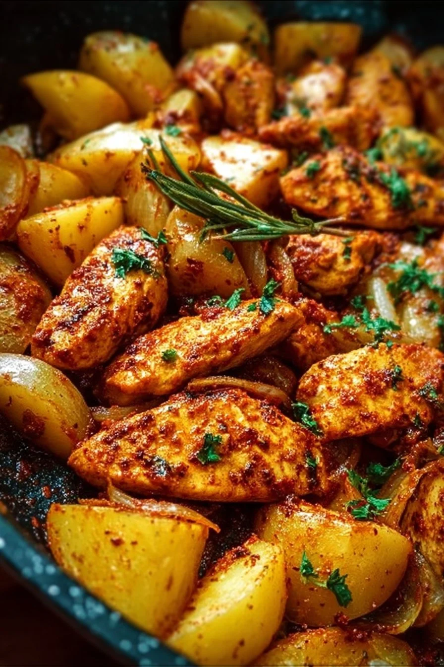 Delicious Garlic Butter Chicken and Potatoes Skillet dish on a plate