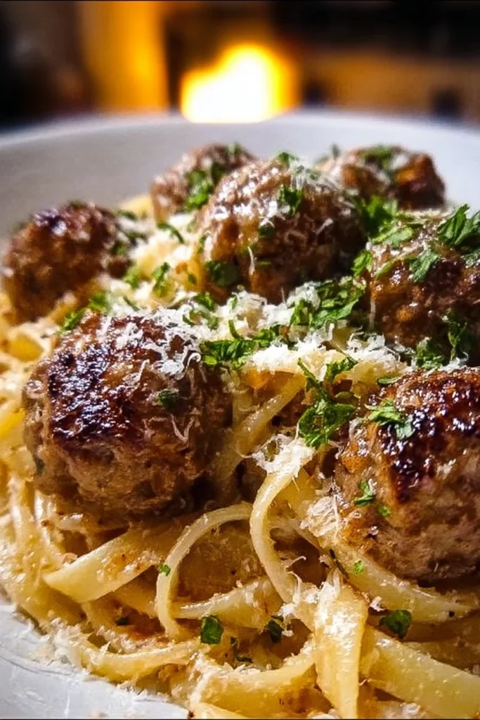 Plate of Garlic Butter Meatballs with Parmesan Linguine