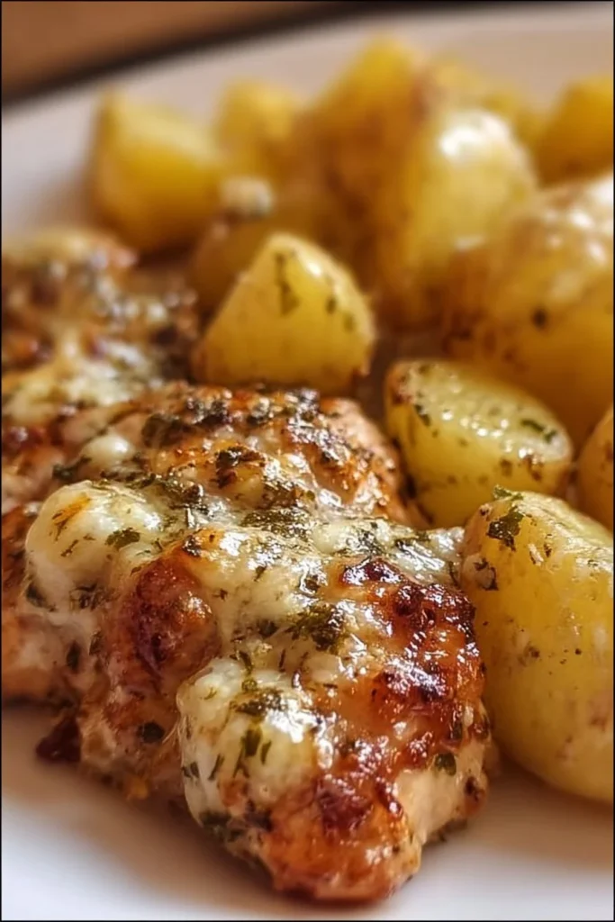 Garlic Parmesan Chicken and Potatoes dish, garnished and ready to serve.