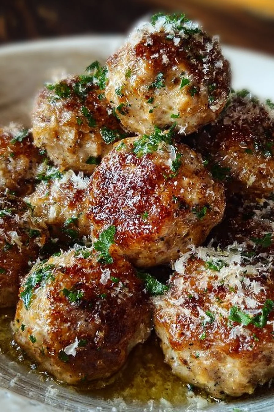 Delicious Garlic Parmesan Meatballs served with sauce and garnished with parsley