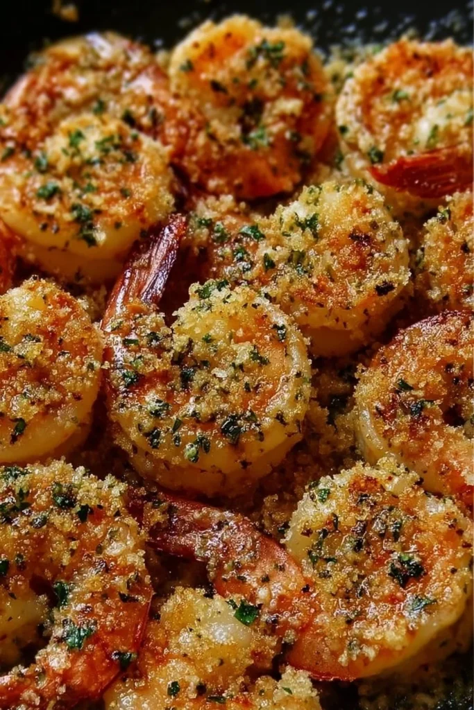 Plate of Garlic Parmesan Roasted Shrimp garnished with herbs