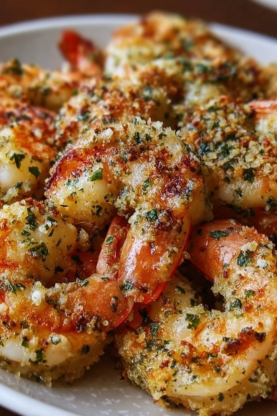 Plate of Garlic Parmesan Roasted Shrimp garnished with parsley.