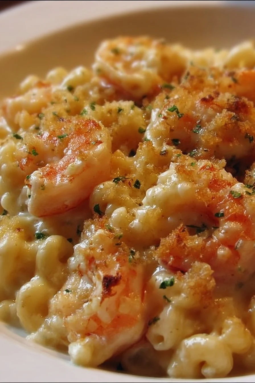 Creamy Garlic Shrimp Mac and Cheese dish topped with herbs