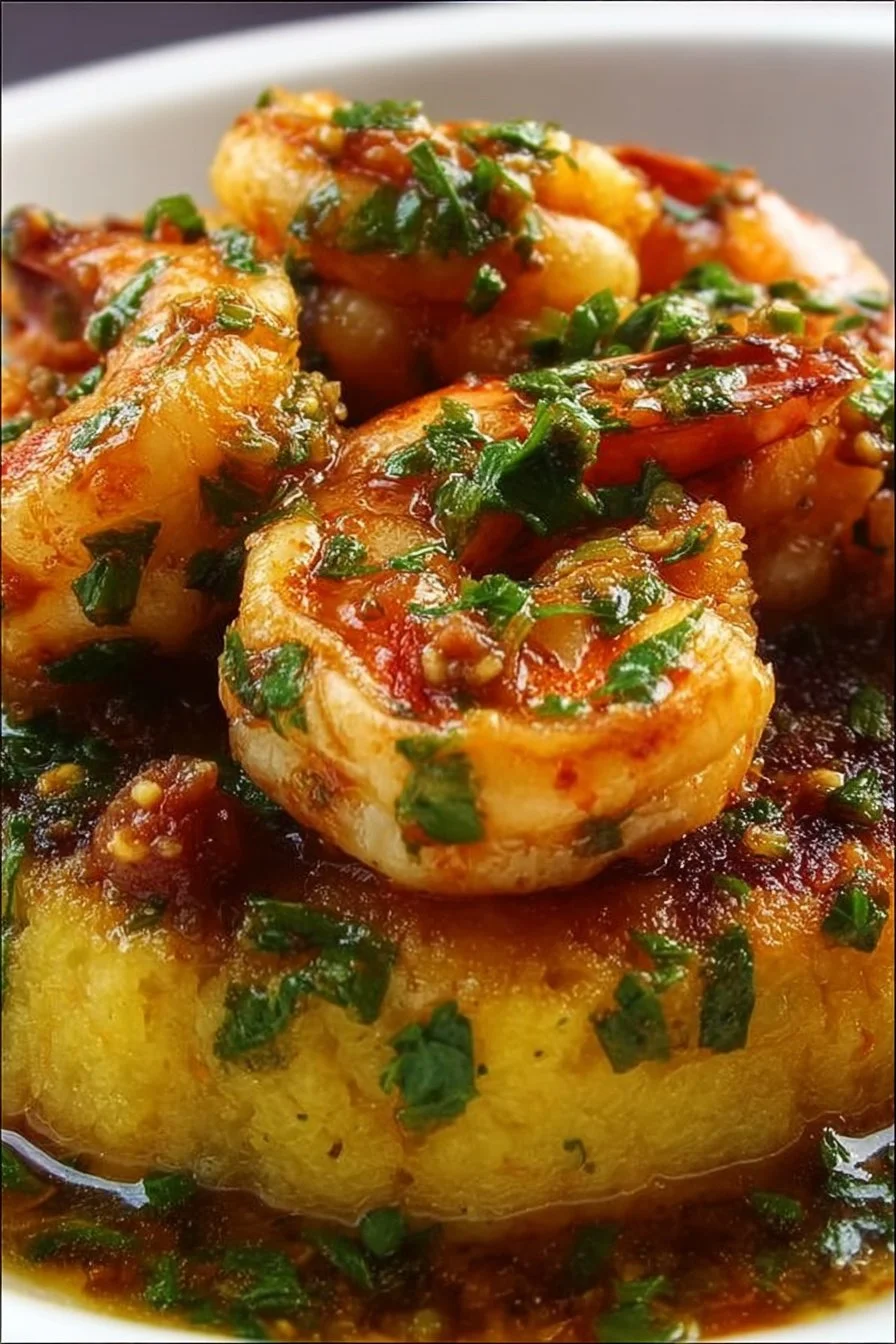 Delicious Garlic Shrimp Mofongo served with a garlic and shrimp sauce