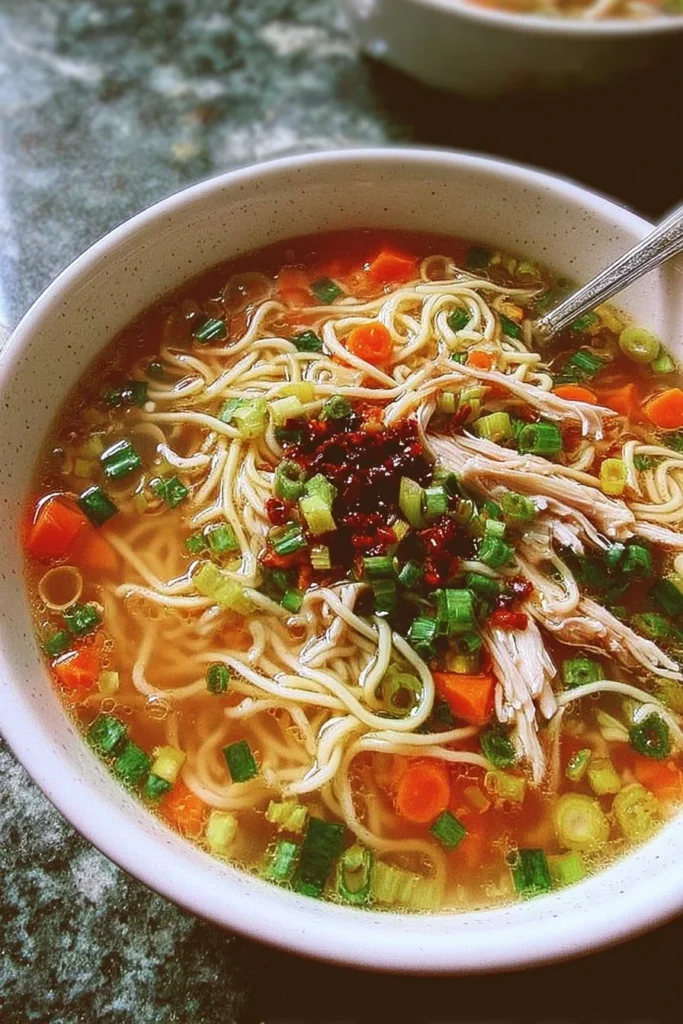 Bowl of Ginger Garlic Chicken Noodle Soup with fresh herbs and spices.